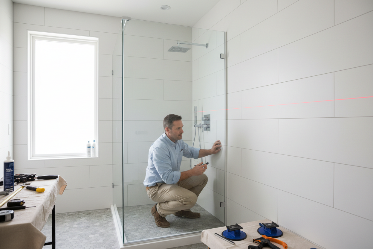 man installing custom shower in bathroom with collard shirt on